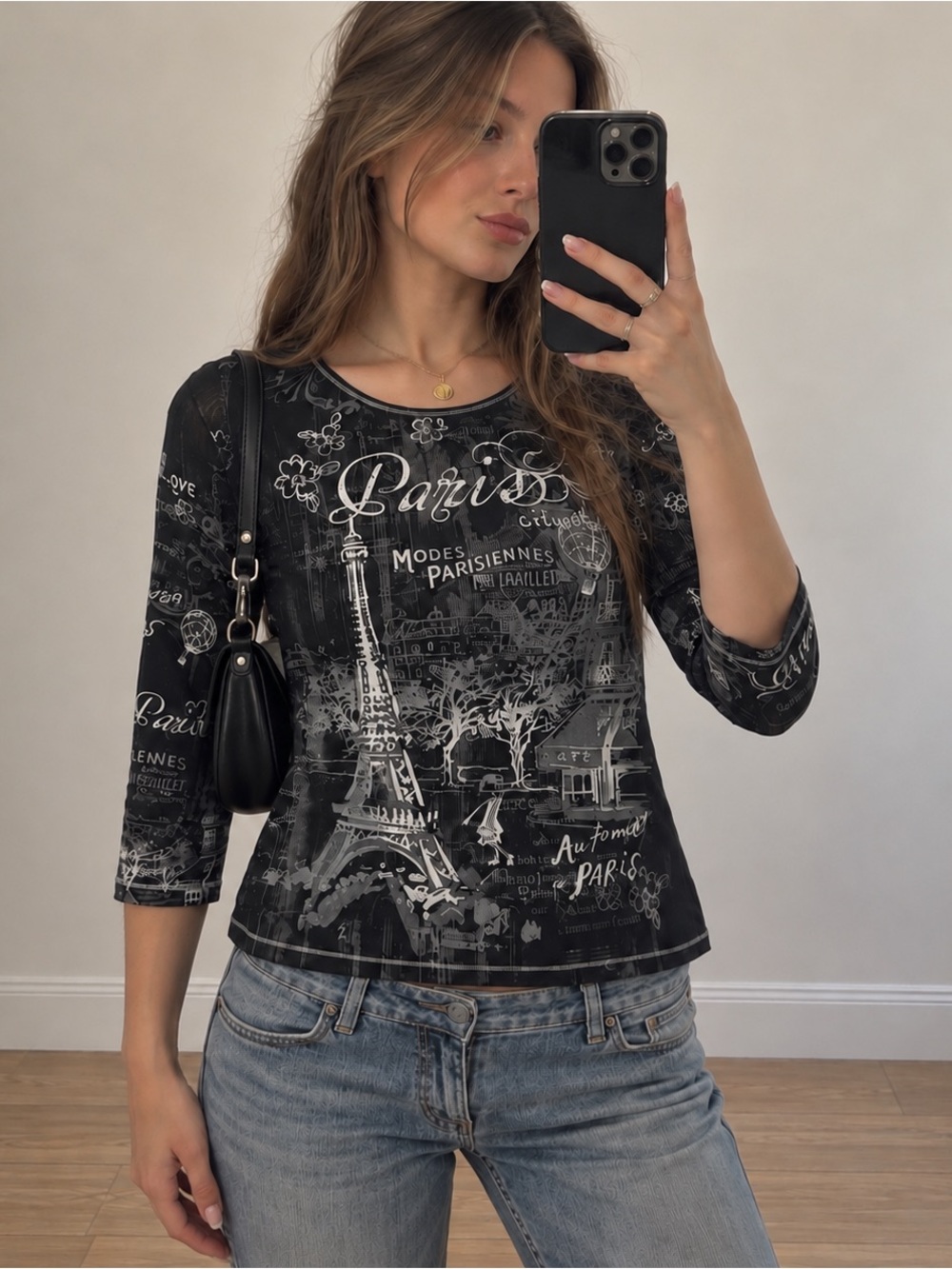 Y2K Paris Graphic Top Black 3/4 Sleeve Eiffel Tower Shirt Indie Grunge